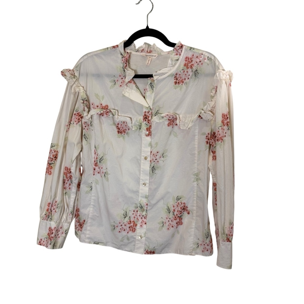 Rebecca Taylor Maia 100% Cotton Cream Floral Long Sleeve Ruffle Blouse sz 10
